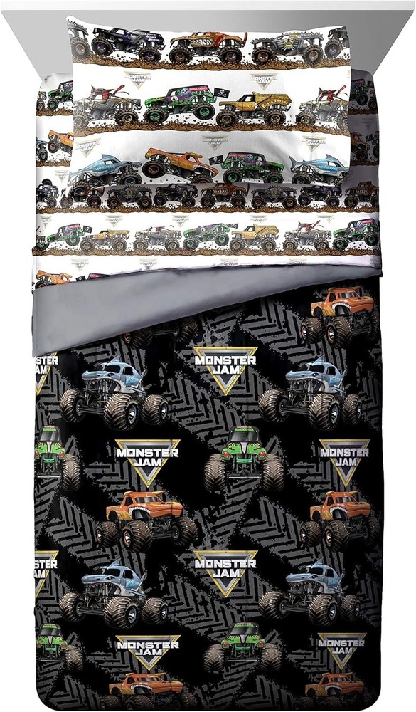Monster Jam Tracks 4 Piece Twin Bed Set - Includes Comforter & Sheet Set - Be...