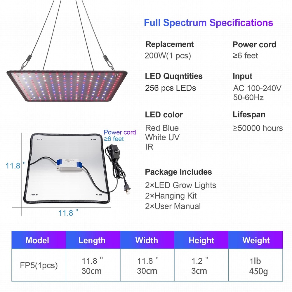 LED Grow Light Panel 200W Lamp for Indoor Plants for 4x4ft Coverage Tent