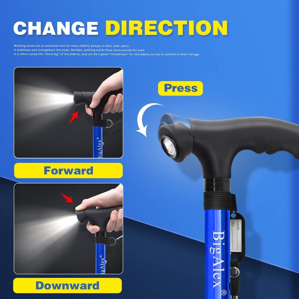Folding Walking Cane with LED Light,Pivoting Quad Base,Adjustable Walking Sti...