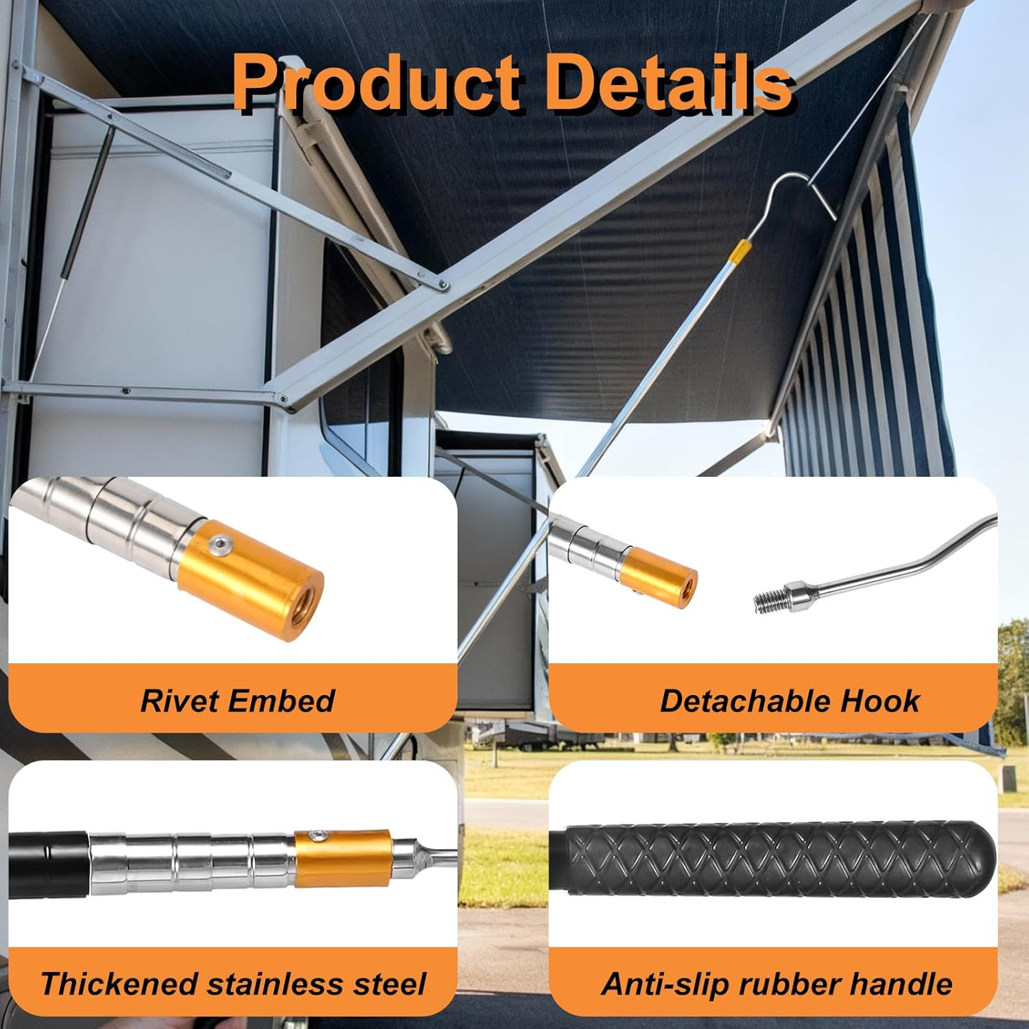 Portable RV Awning Opener Pole, 63-Inch Easy Reach Telescoping Pole with Hook, P