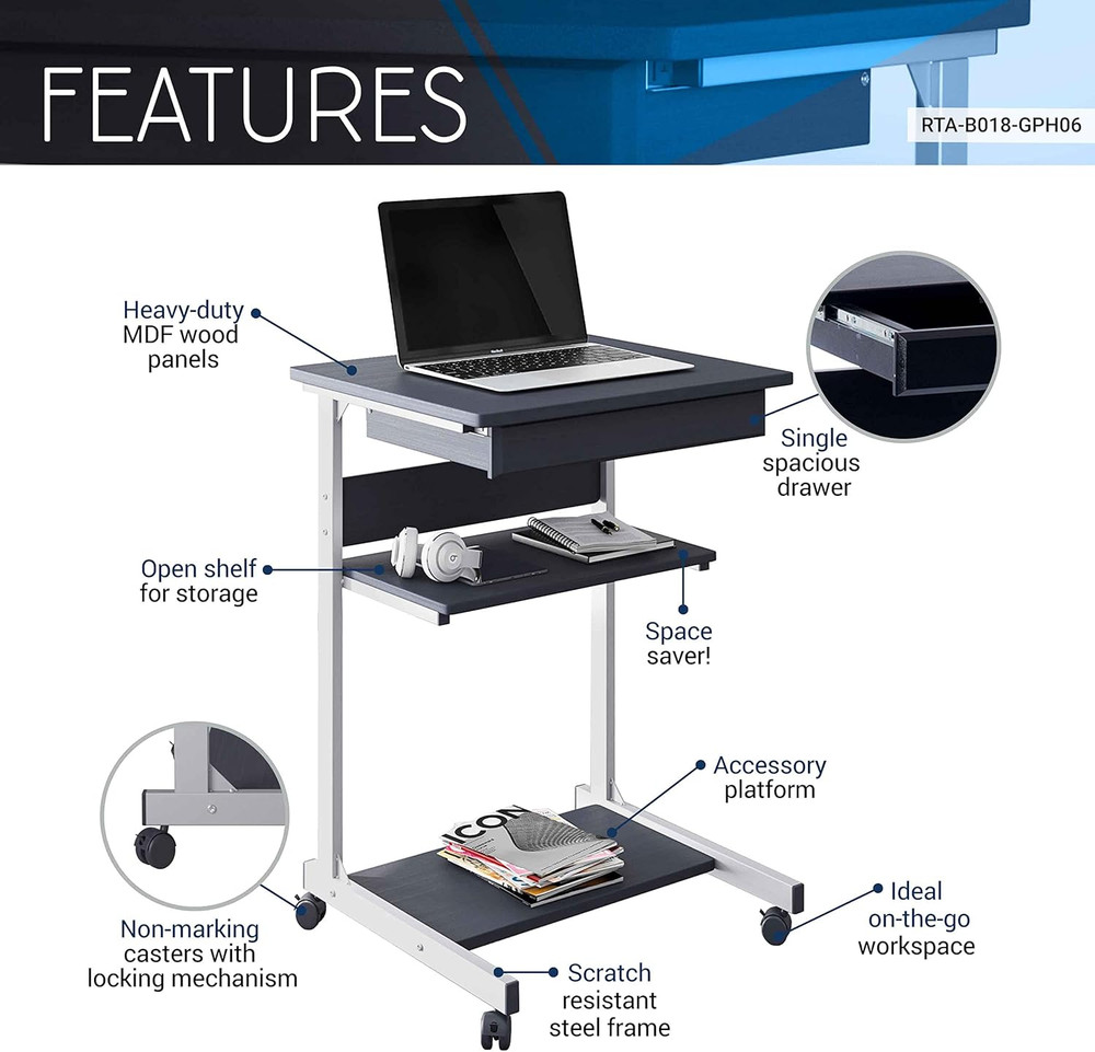 , Portable Computer Desk, Workstation, Stand with Printer Shelf, Rolling Laptop