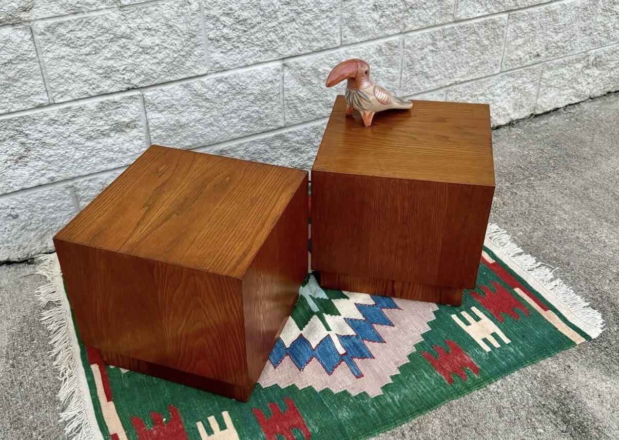 Pair of Walnut Mid Century Modern Cube Shape Side End Tables Plinth Base