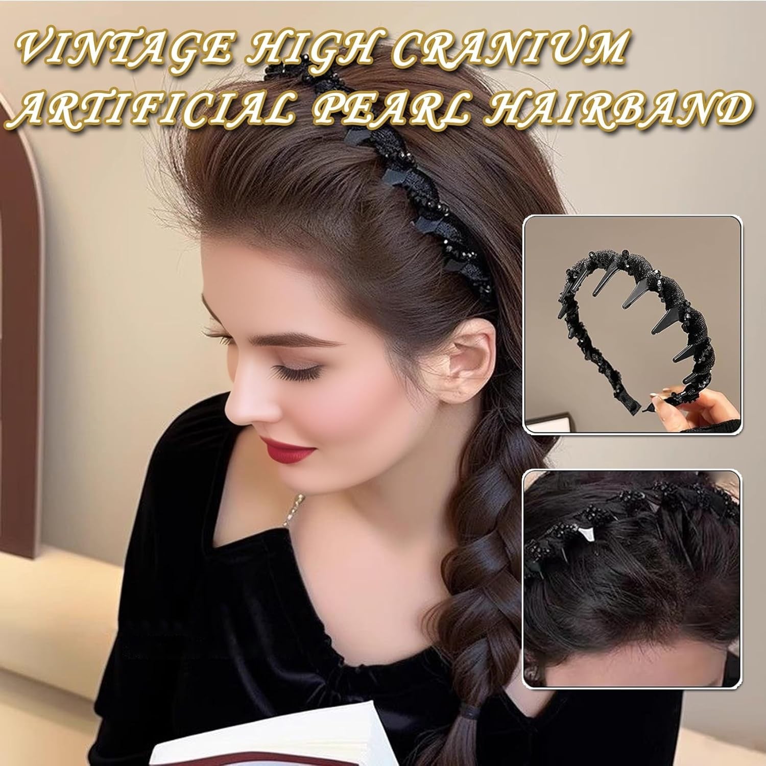 6Pcs Headbands with Teeth for Women Retro High Skull Pearl Headbands Non Slip