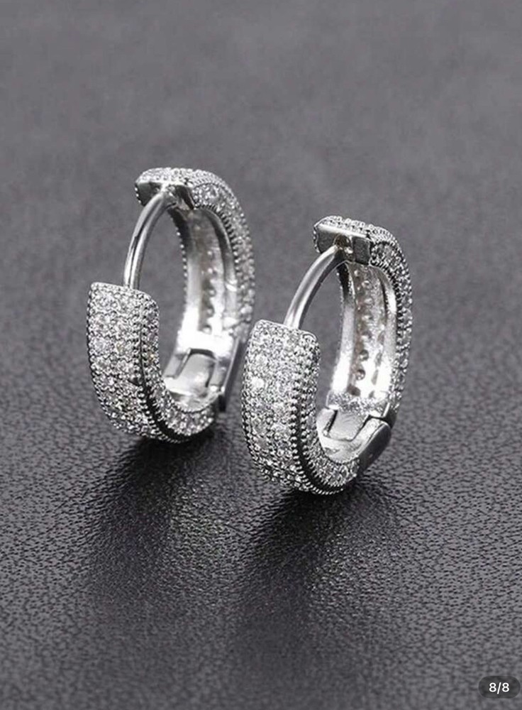 Solid Sterling Silver Diamond Hoop Earrings mens