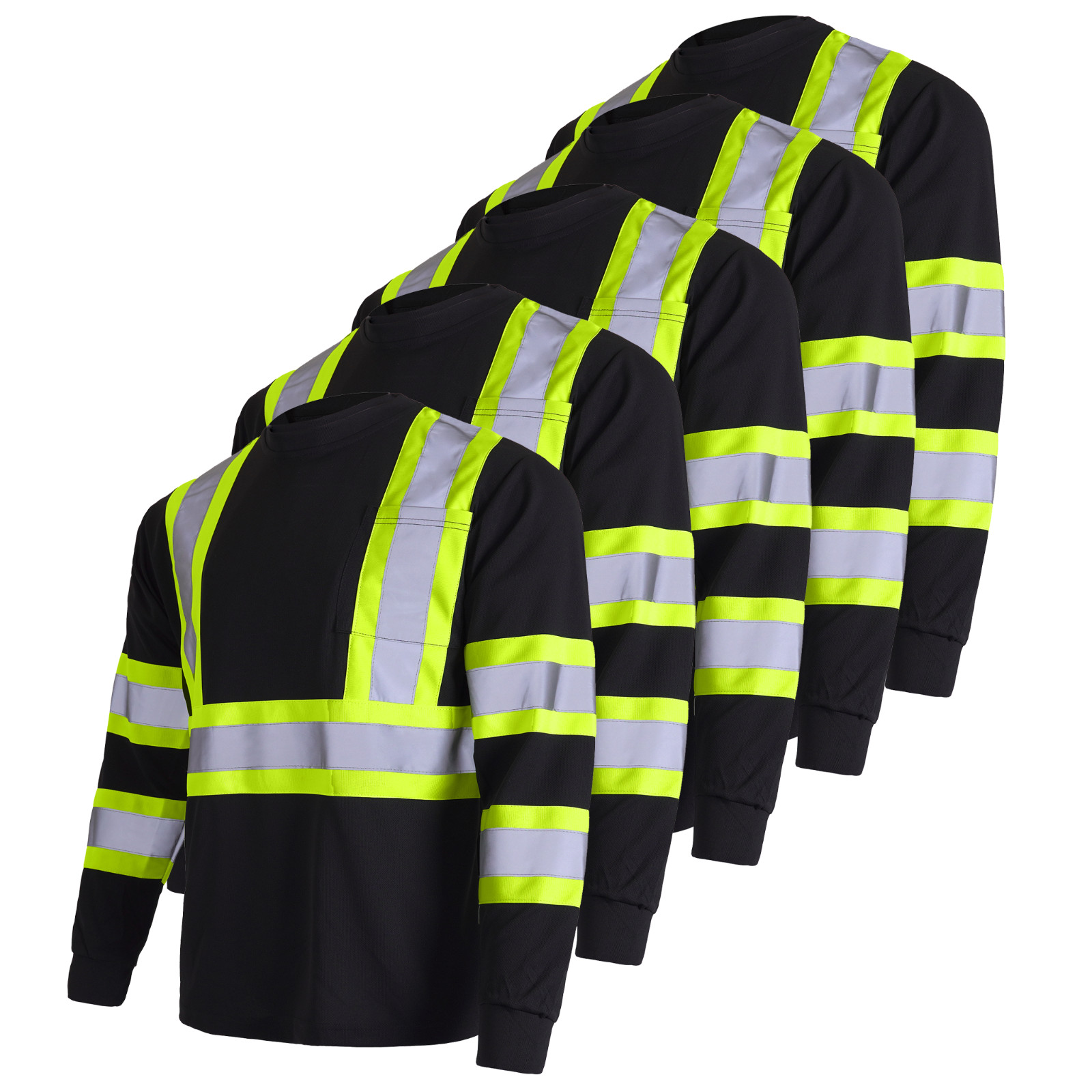 5 pack Black Hi Vis Shirt ANSI Reflective Safety Long Sleeve HIGH VISIBILITY
