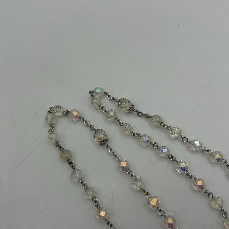 Vintage PLAIN SIMPLE SILVER TONE 2" CRUCIFIX Catholic CRYSTAL BEADS- ROSARY