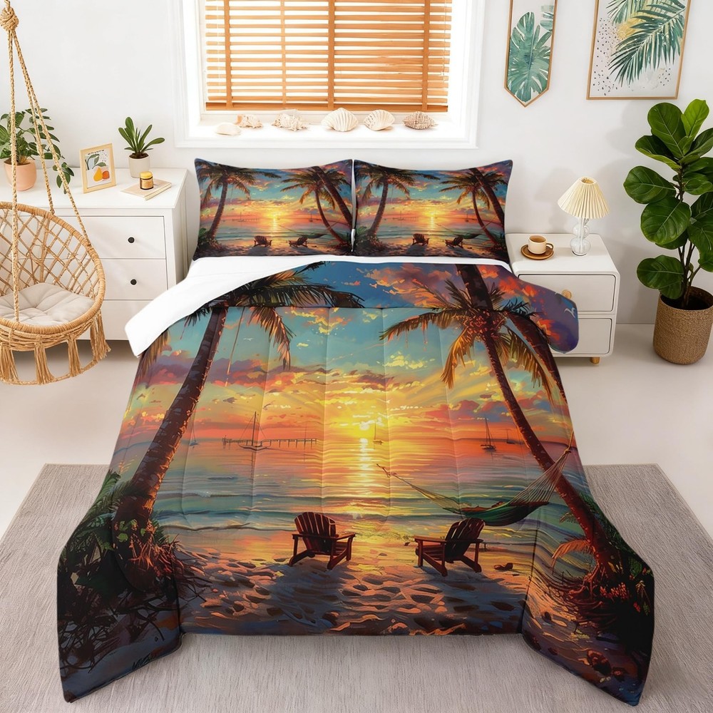 Tropical Sunset Palm Tree Bedding Comforter Sets Queen,Ocean Queen, Orange