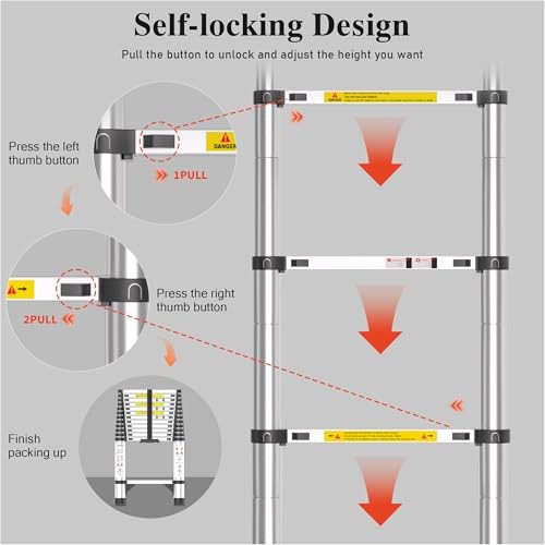 Adjustable Retractable Telescoping Ladder Extension 12.5 FT Pure Silver