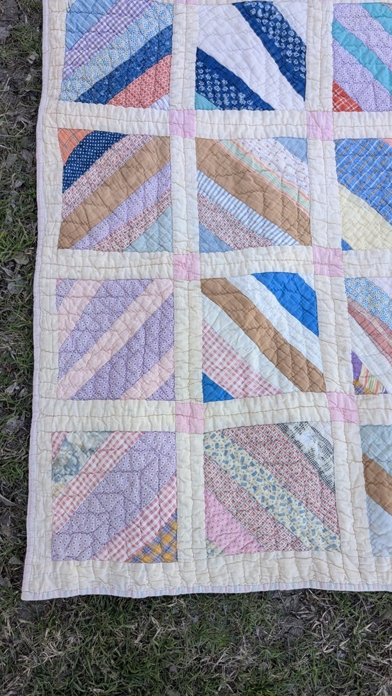 Antique 1920 Patchwork Quilt 64"X78 String Pieced Blocks