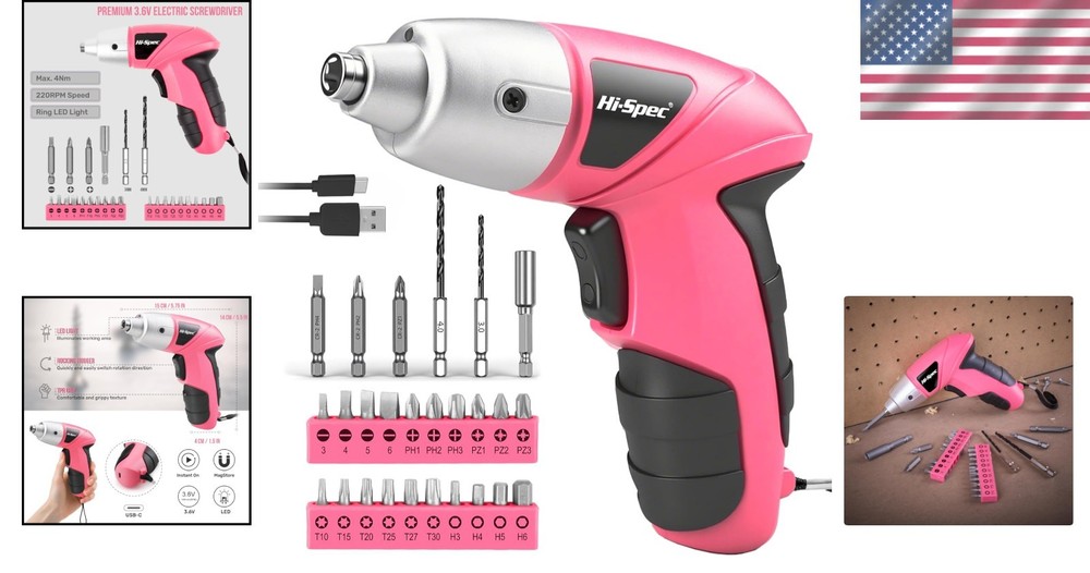 Compact Pink Electric Screwdriver Set: 26 Bits & USB Rechargeable Battery