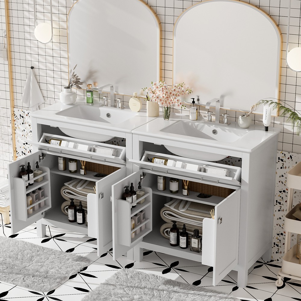 60" Modern Bathroom Vanity Set with Double Vanities，Double Ceramic Sinks White