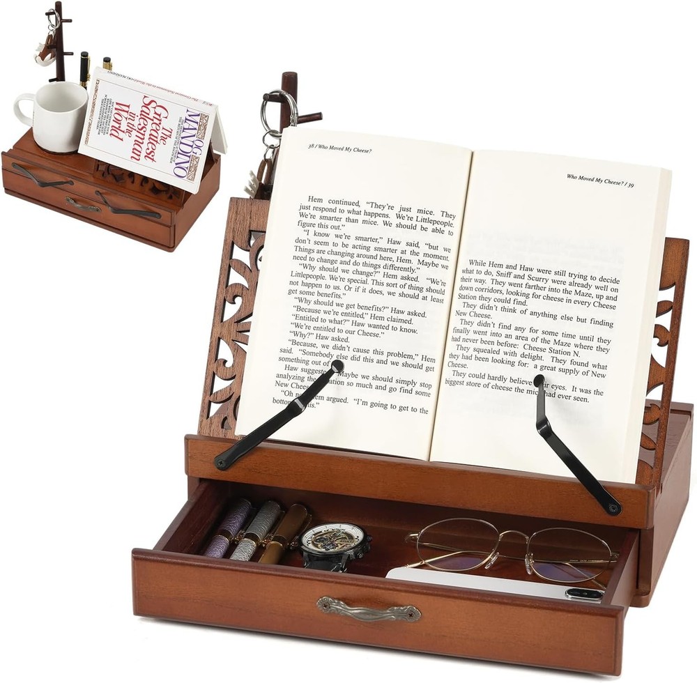 Adjustable Wooden Book Stand with Storage - Multi-Function Hands Free Brown