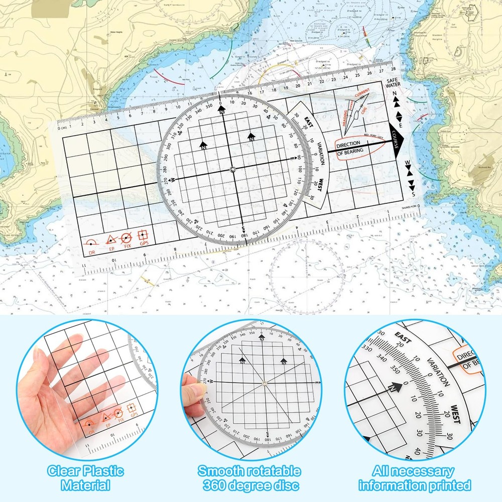 3 Pcs Basic Navigation Set,Including 15inch Parallel Ruler with Brass Arms, N...