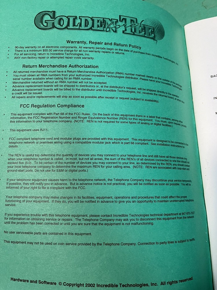 Golden Tee Fore! IT Arcade Game Installation Manual Schematics