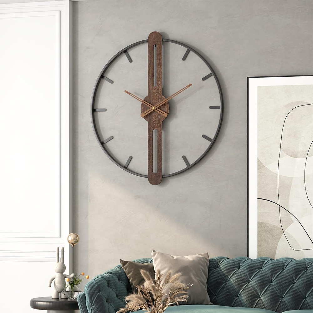 Modern Walnut Dial Wall Clock, Wood Large Wall Clock Decor Metal Frame Silent...
