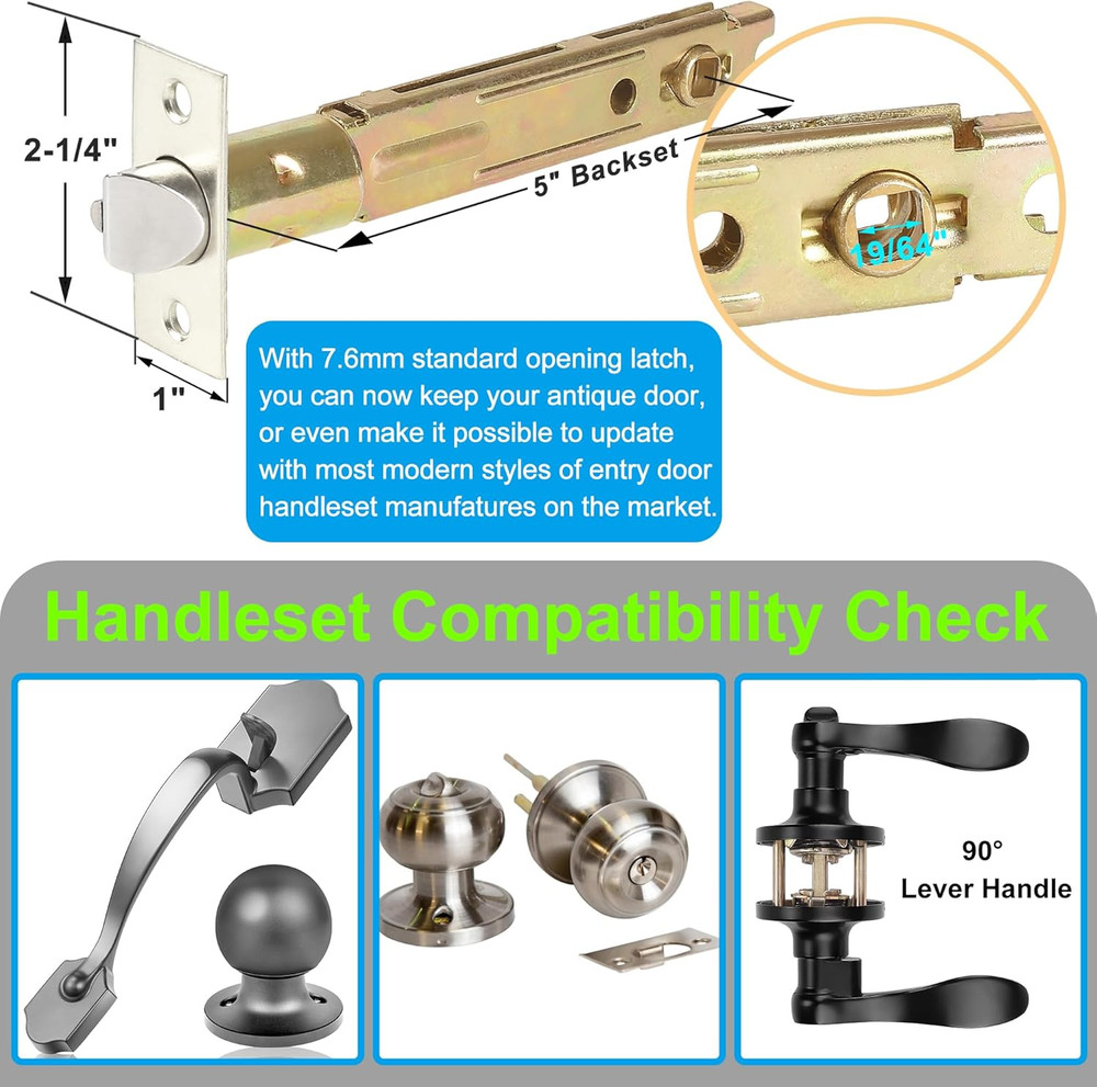 5" Backset Entry Door Latch Fits 19/64" (7.6Mm) Square Interface Knobset, Square