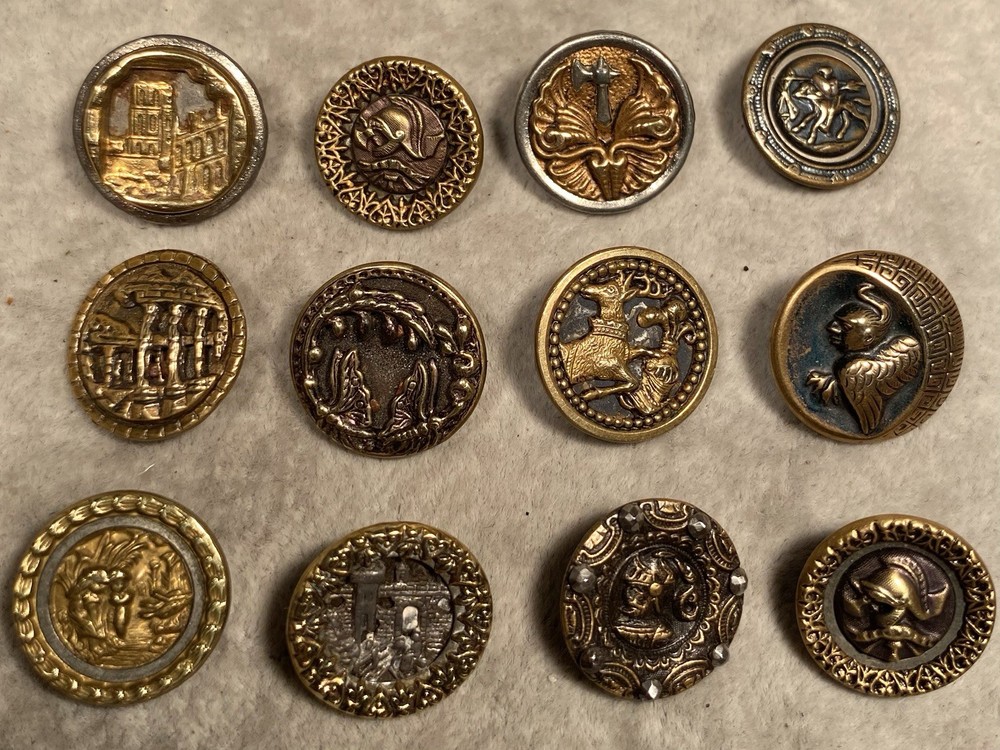 12 Antique Button Picture Metals Assorted 3/4” Diameter