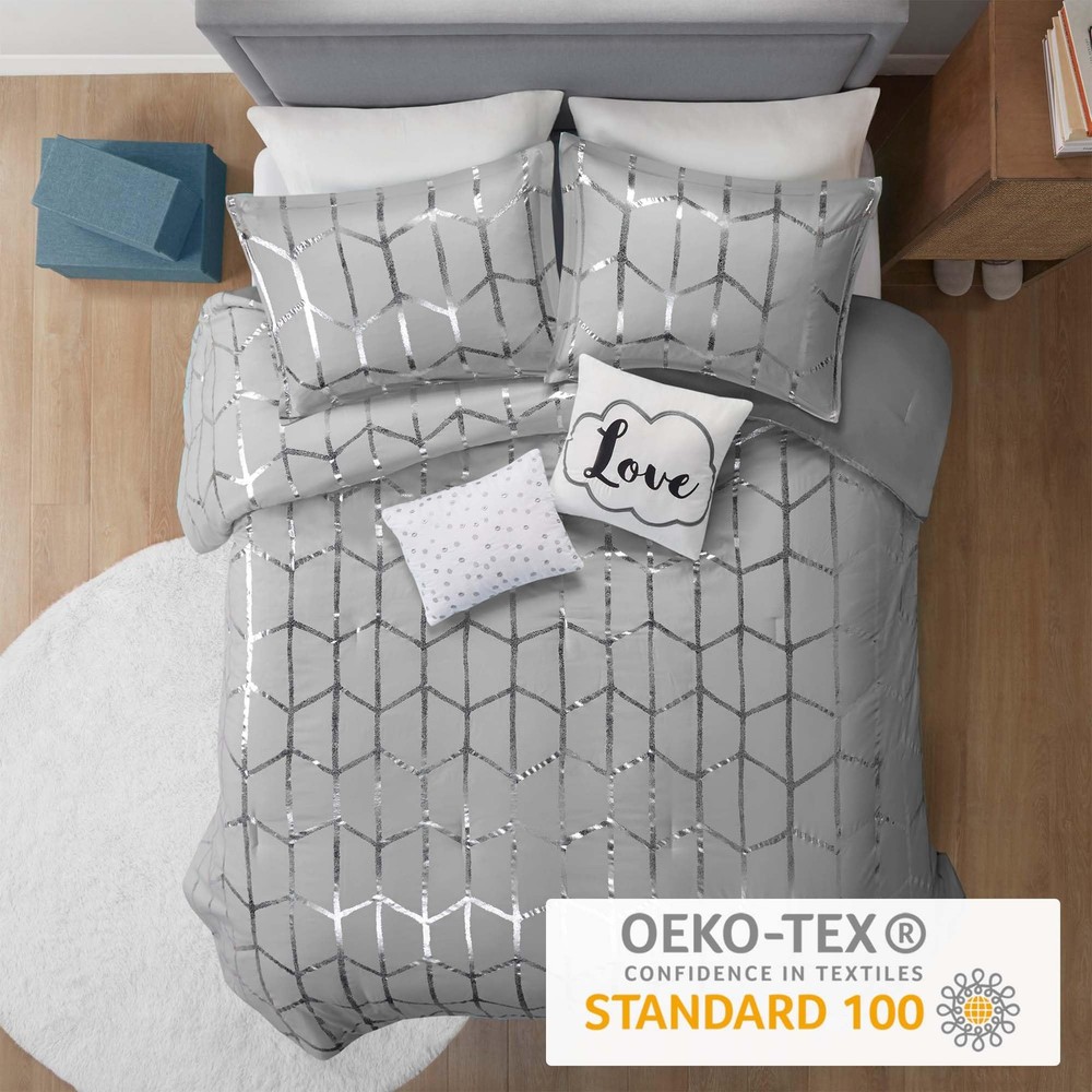 Intelligent Design Raina Comforter Microfiber Metallic Print Geometric