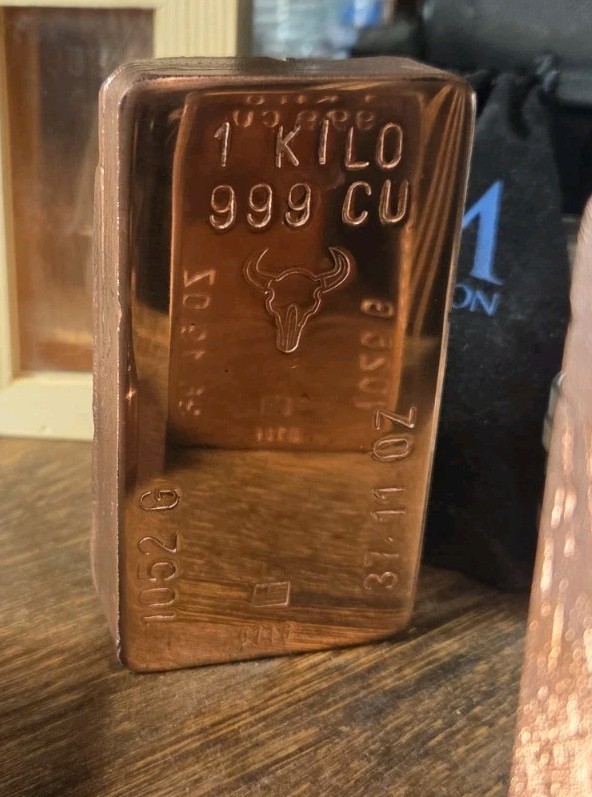 1 Kilo Hand Poured Solid Copper Bullion Bar .999 Pure Fine Copper Kg Ingot