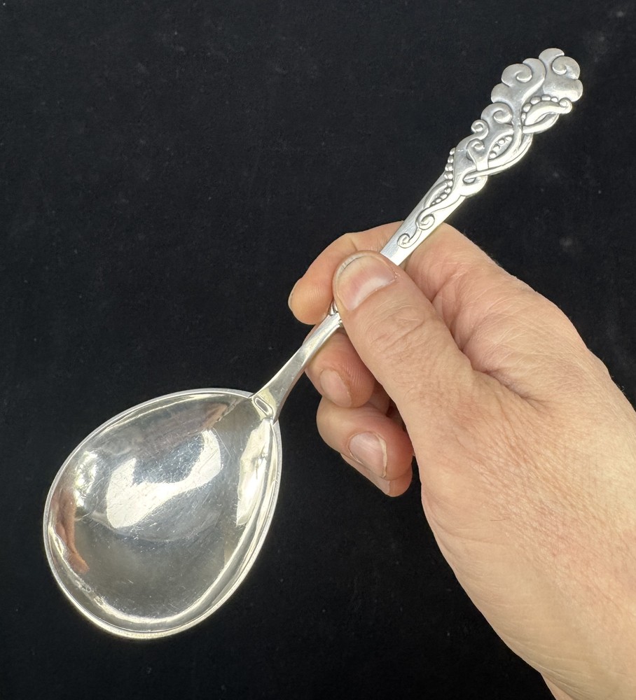 1916 Large Danish Silver Serving Spoon Tang Pattern Seaweed