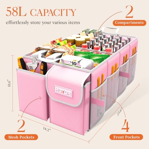 Foldable Trunk Organizer - SUV & Sedan Compatible, 2 Compartments, Large Pink