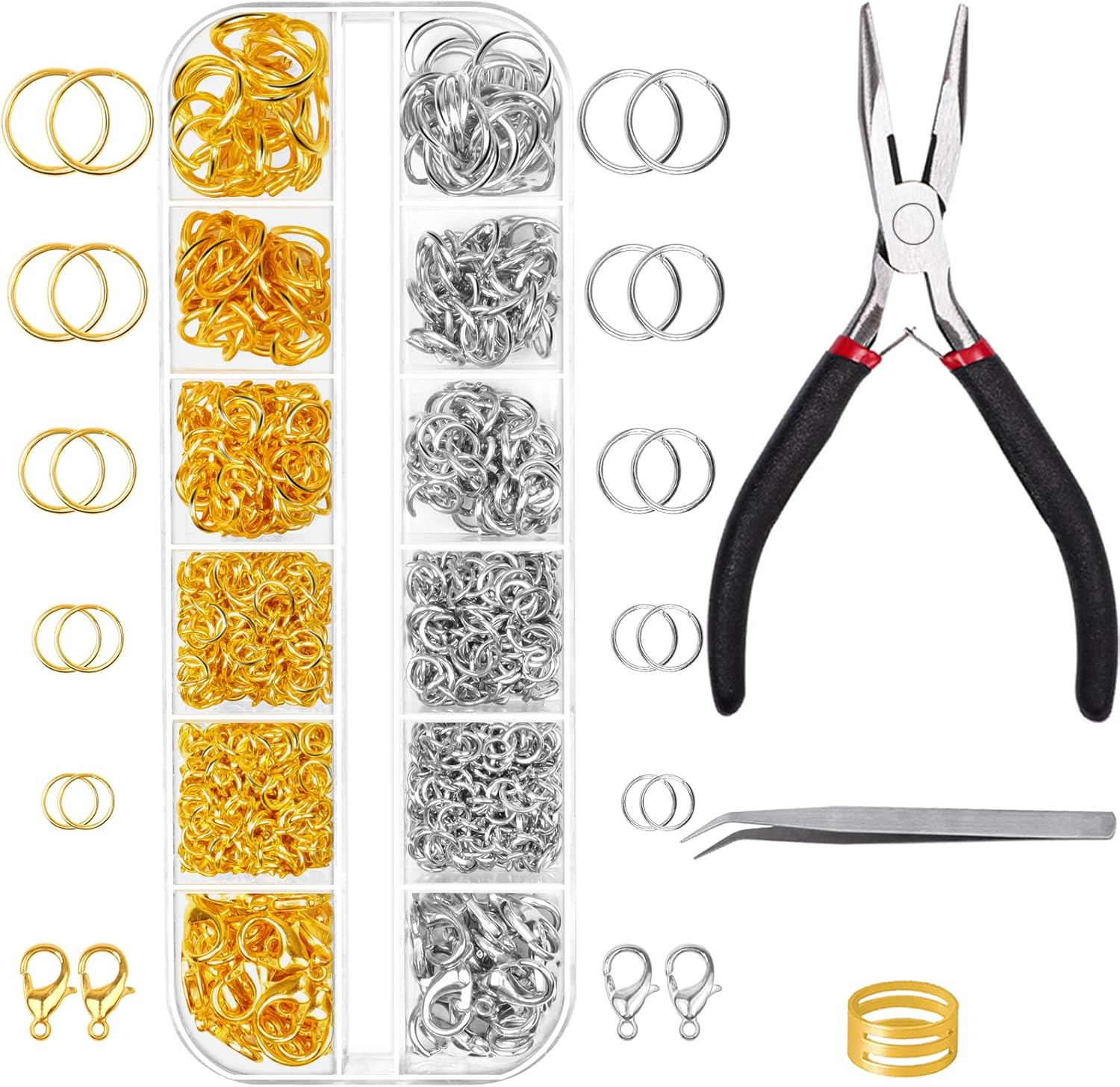 1200Pcs Jump Rings Kit Gold Silver Jewelry Making  Repair Pliers Tweezers Clasps