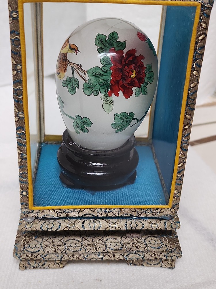 Reverse Painted Glass Egg With 2 Birds In The Bush