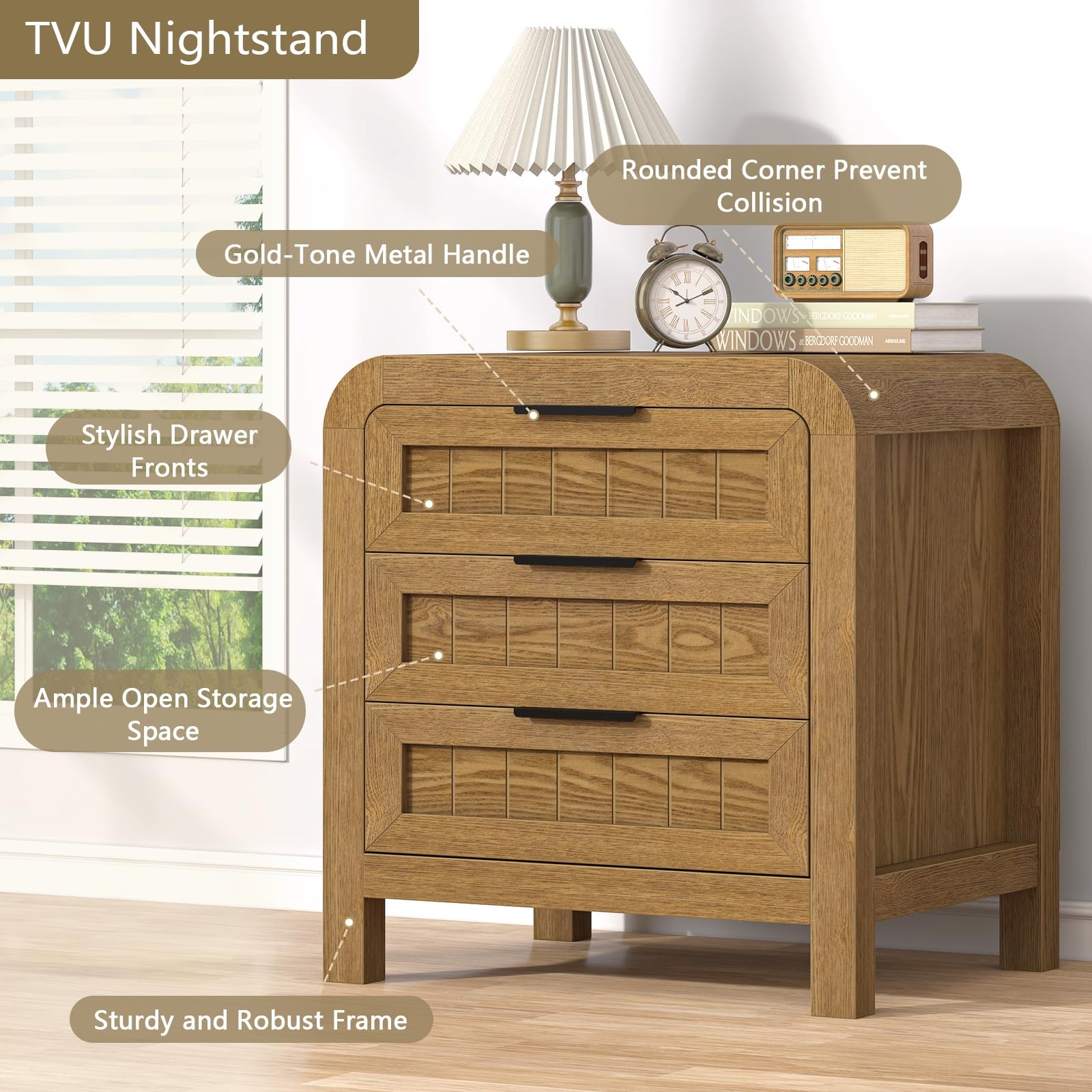 Curved NightStand Set of 2 with 3 Drawer 21" Solid Wood Nightstand