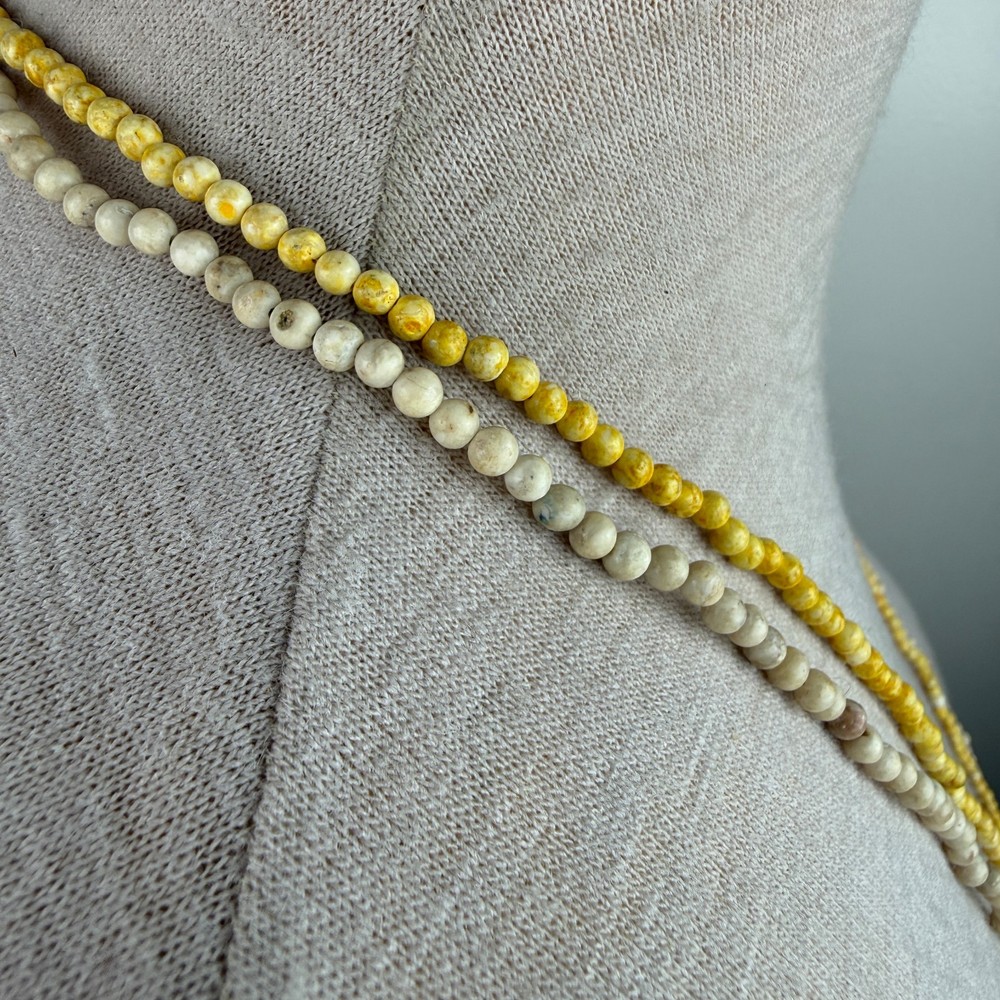 Two Strands Stone Round Beads - Beige & Yellow - Pullover - 35"