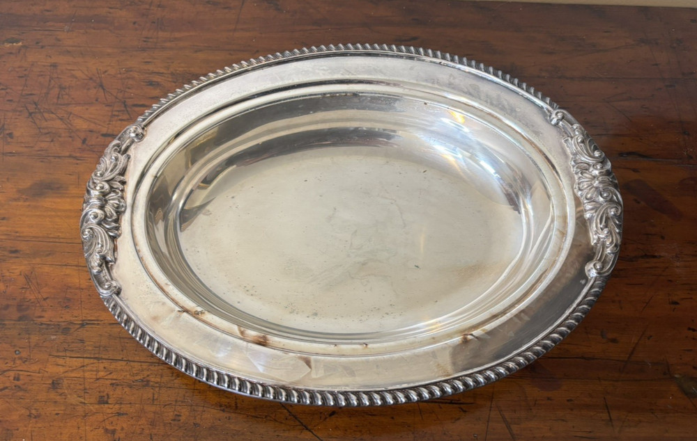 VTG Silver on Copper Serving Dish 12" Hallmarks Rope/Scroll Edge Heavy