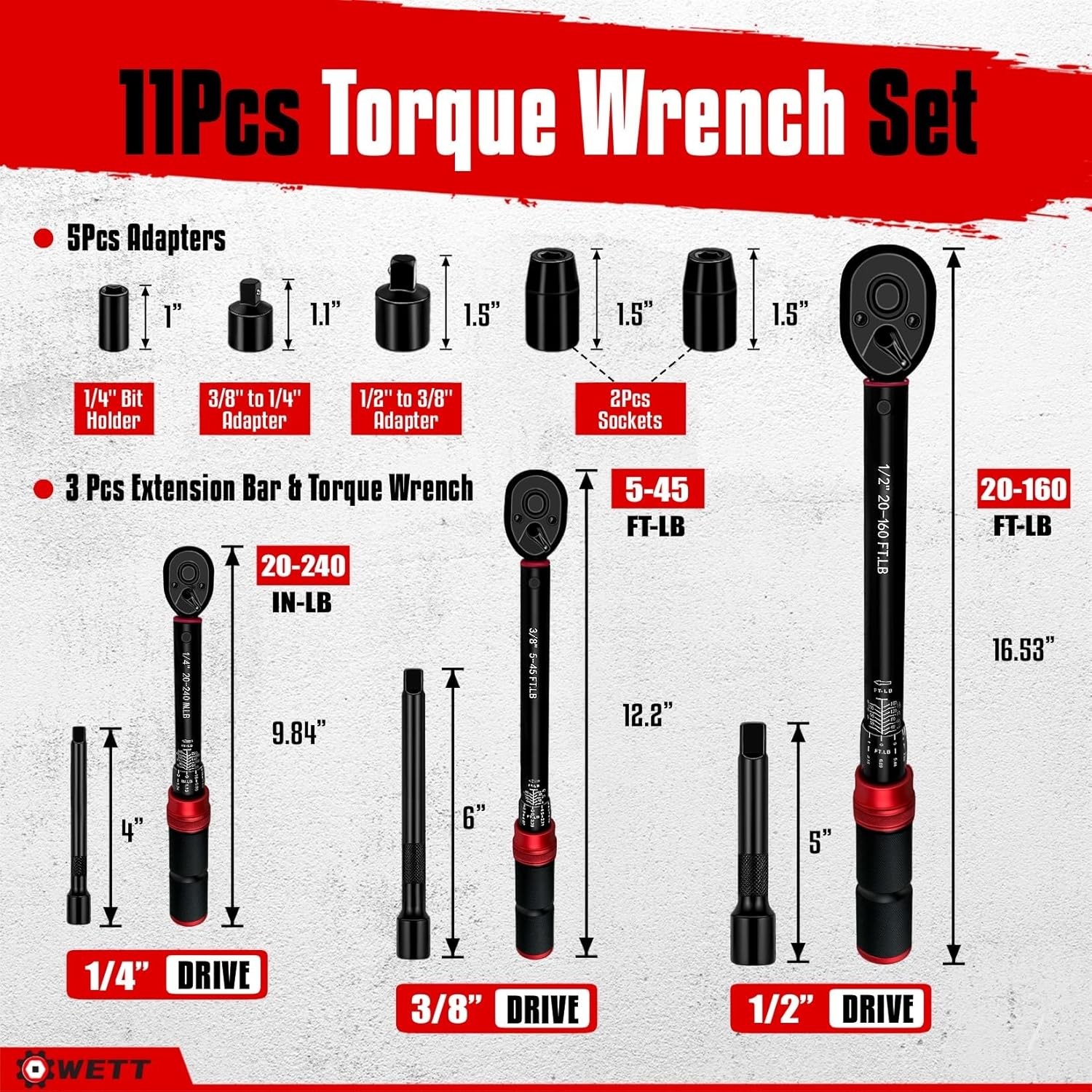 11Pcs Torque Wrench Set, 1/4'' & 3/8'' & 1/2'' Drive Click Torque Wrench, with