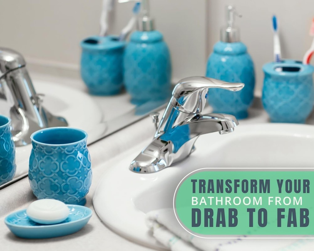 4-Piece Bathroom Accessory Set - Ceramic Bath Set with Blue Glossy Finis