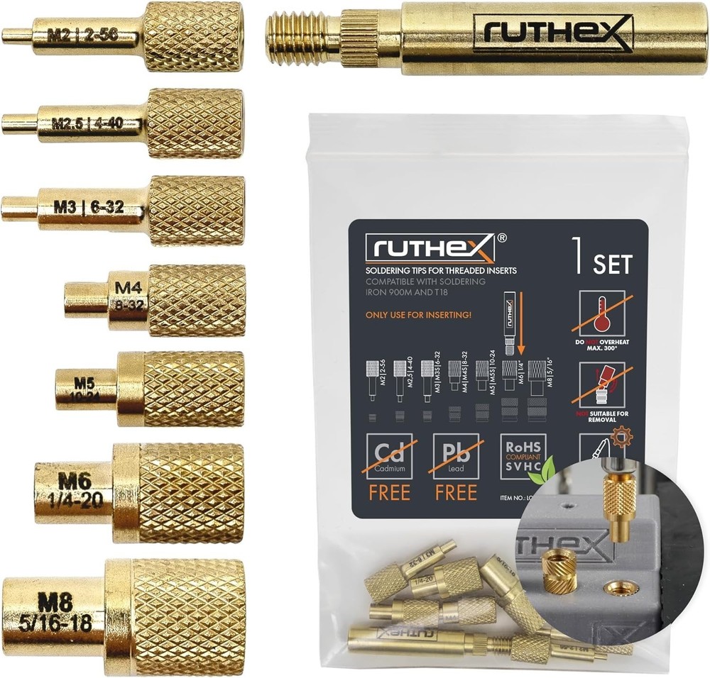 Brass Thread Insert Soldering Tips Kit - 7 Pieces with Quick-Change Adapter