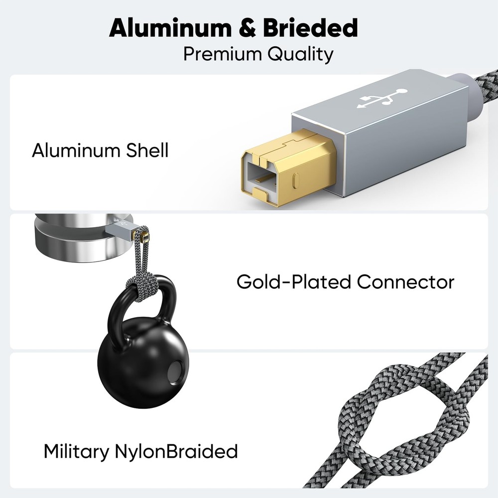 USB Printer Cable 2-Pack, 6 FT USB2.0 Type A-B High Speed 6FT, Grey