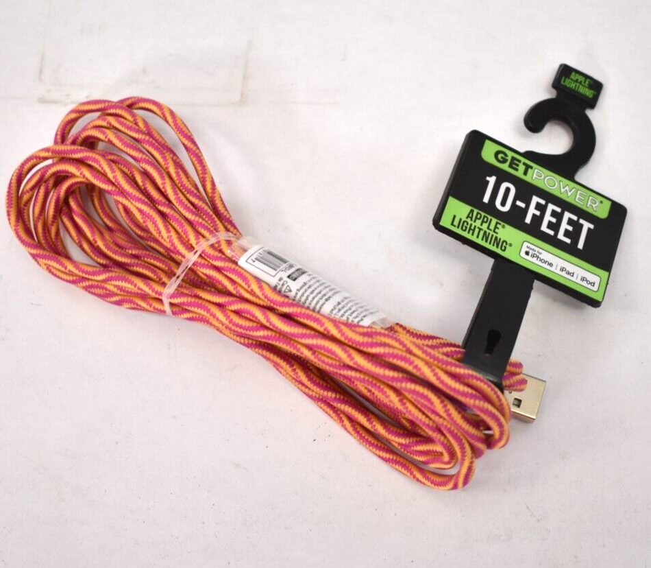 GetPower 10' Braided Lightning USB Charging Sync Cable For iPhone Pink/Orange