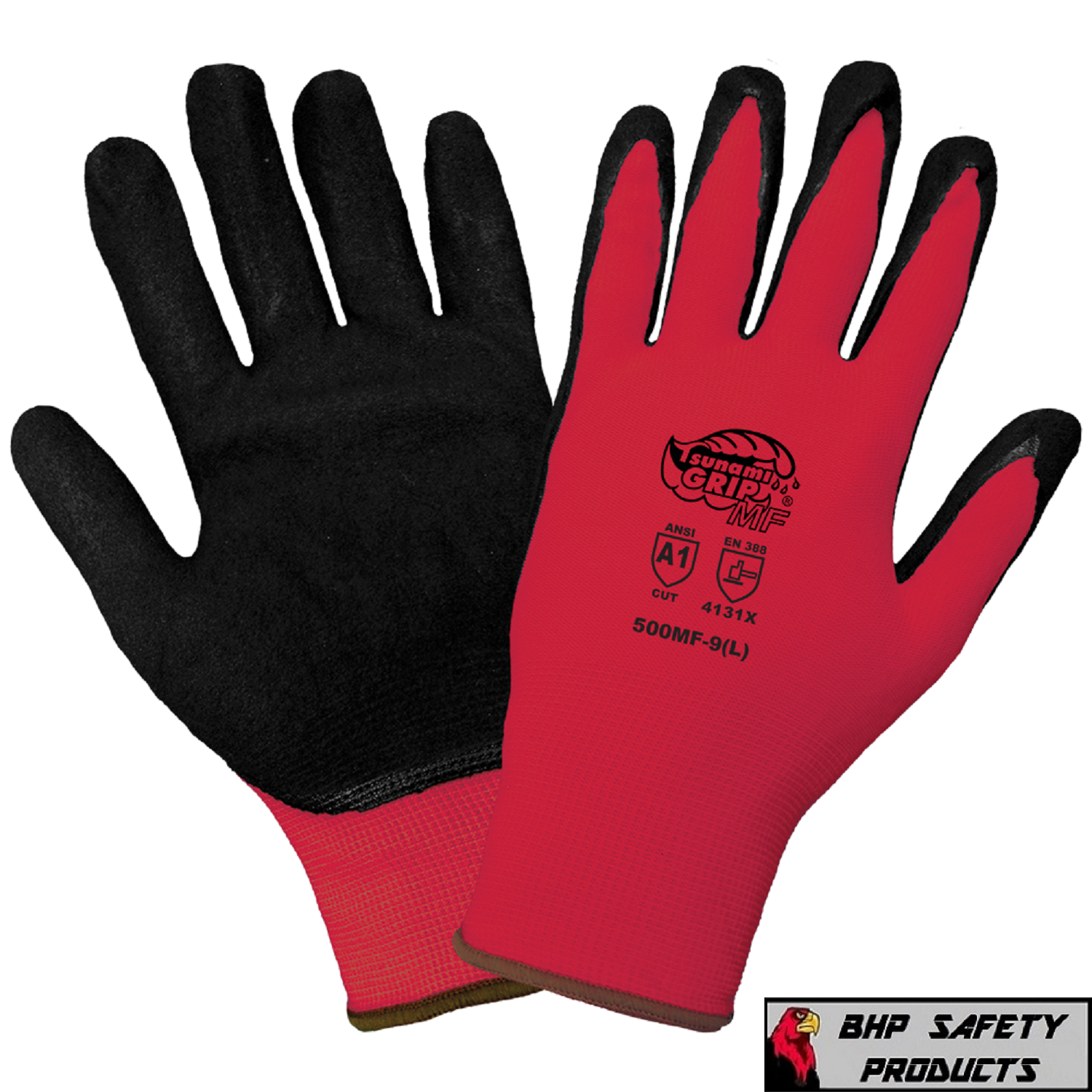 12 PAIR WORK GLOVES NITRILE COATED RED NYLON GLOBAL 500MF TSUNAMI GRIP (SM-XL)
