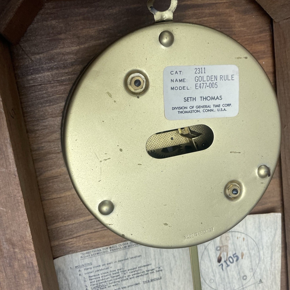 Seth Thomas Golden Rule Pendulum Wood Wall Clock E477-005 - Untested No key