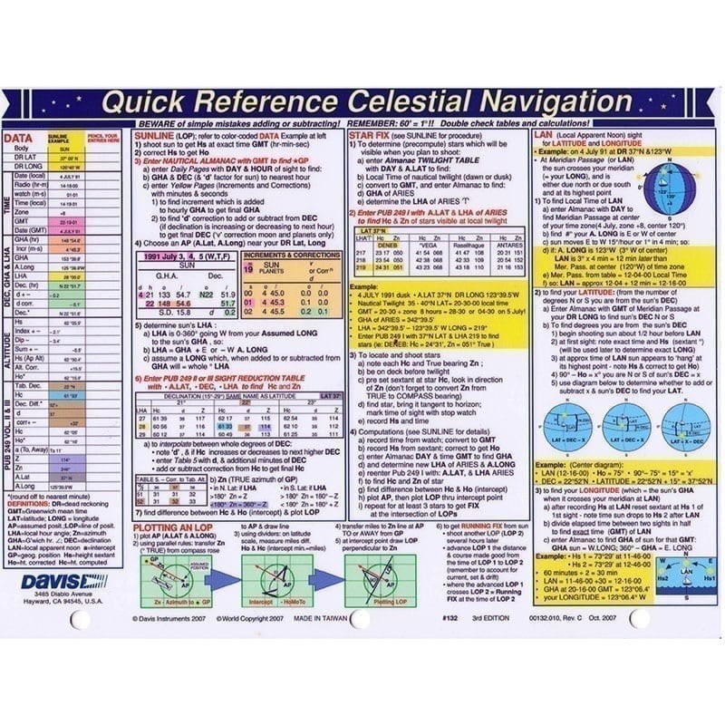 Davis Intruments 132 Davis Quick Reference Celestial Navigation Card