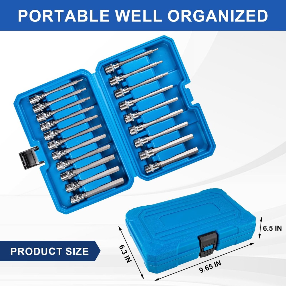 20PCS Extra-Long Allen Hex Bit Socket Set, 3/8 Inch Drive Allen Socket Set, S...