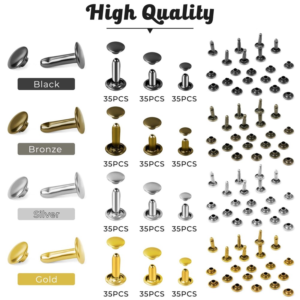 420 Sets Leather Rivets, Rivets for Leather Crafting, 4 Colors and 3 Sizes Le...