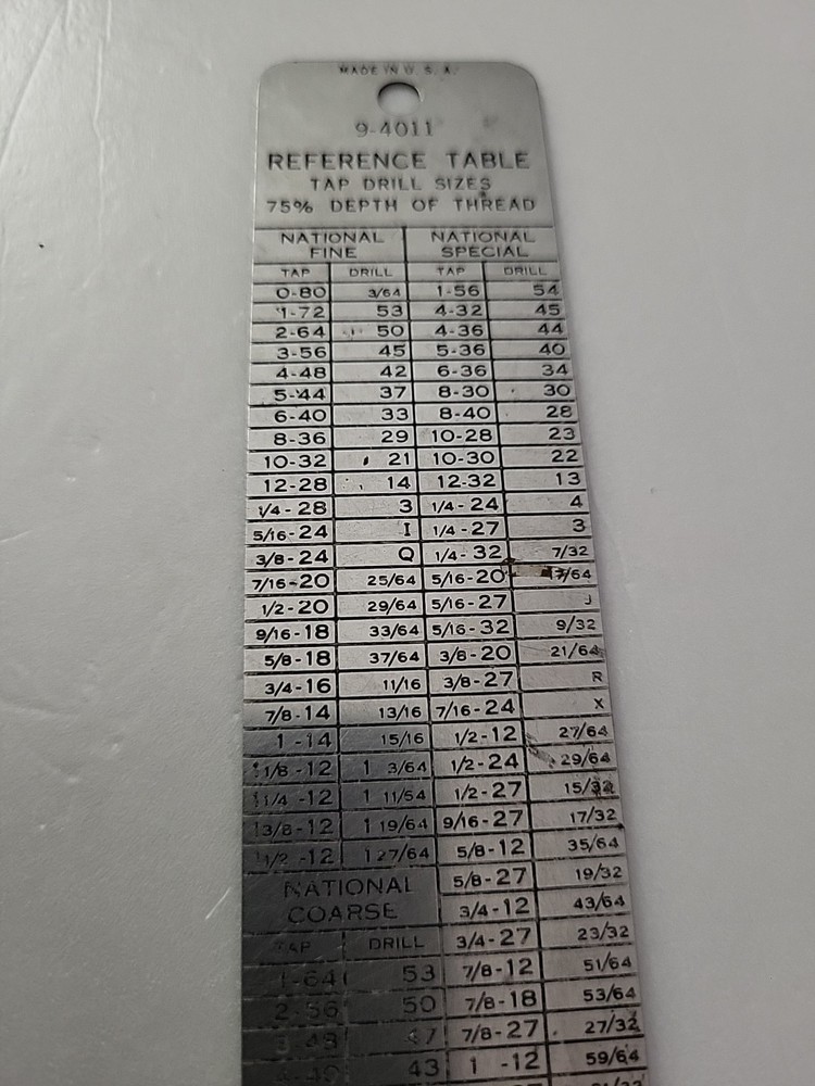 Craftsman Reference Table Tap Drill Sizes 9-4011