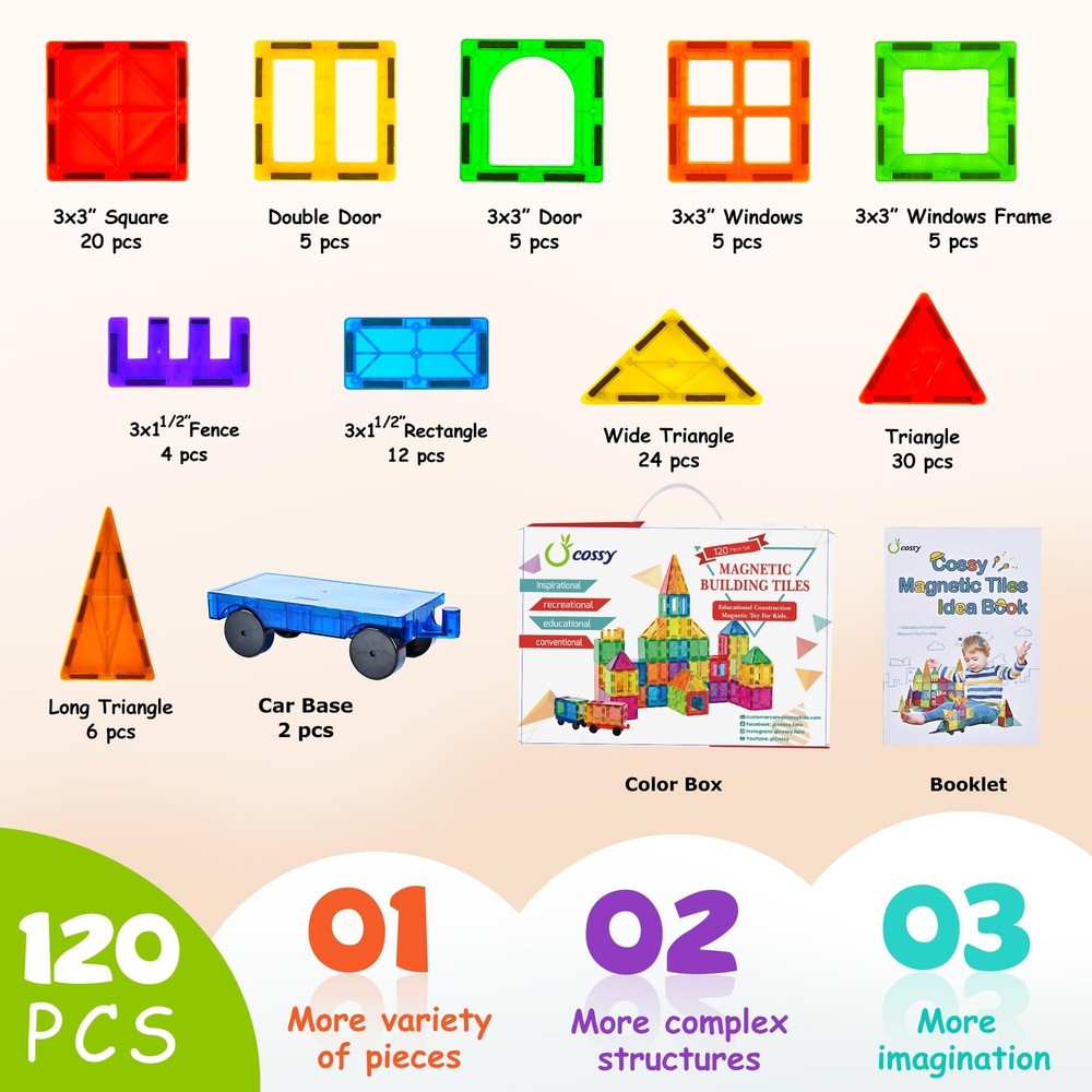 120Pcs Magnetic Tiles Magnetic 3D Building Blocks Set Educational Constructio...