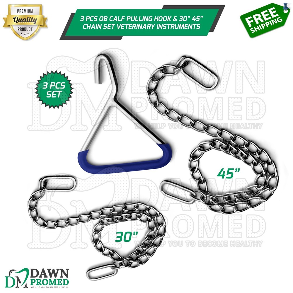 3 Pcs OB Calf Pulling Hook & 30" 45" Chain Set Veterinary Instruments