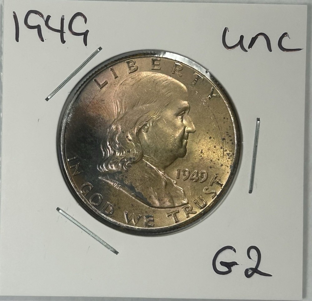 1949 Franklin Half Dollar Coin Toned Uncirculated