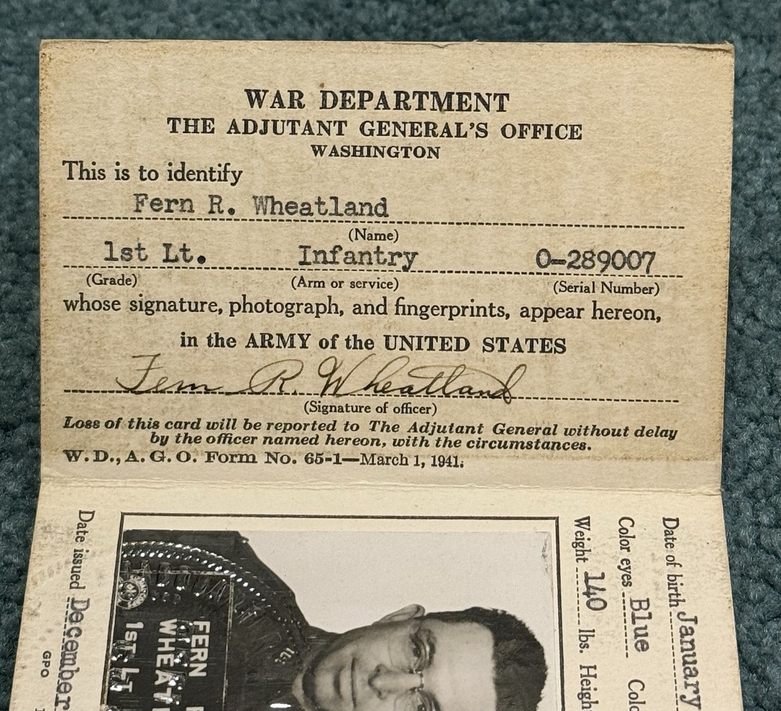 Original WWII US Army Infantry Officers 1941 ID Card With 2 Other Cards