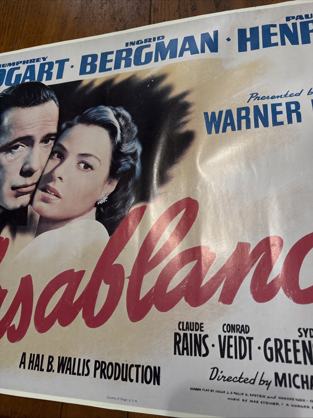 Vintage Casablanca Movie Poster 23 x 18 3/8 Inches
