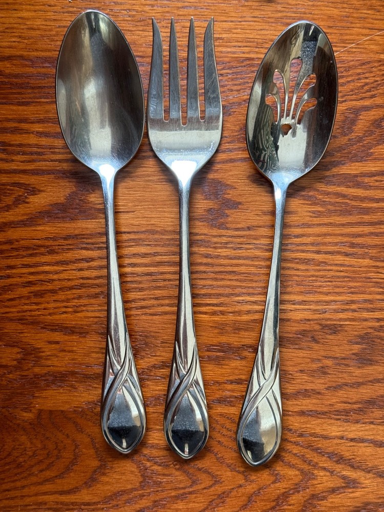 Gorham Darien 3 Piece big Serving spoons & Fork Set Stainless 18/8 Flatware