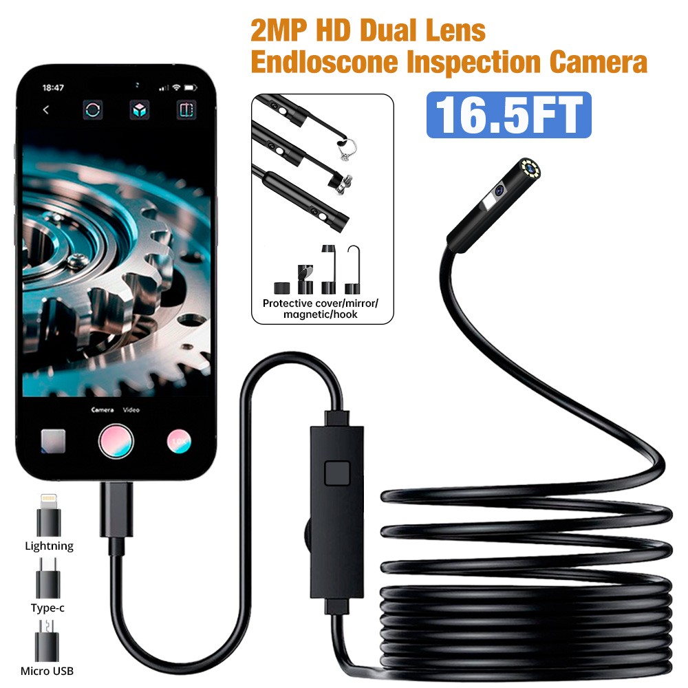 1920P Borescope Dual Lens Endoscope Camera 8 LED Lights for iOS/Android 16.5FT