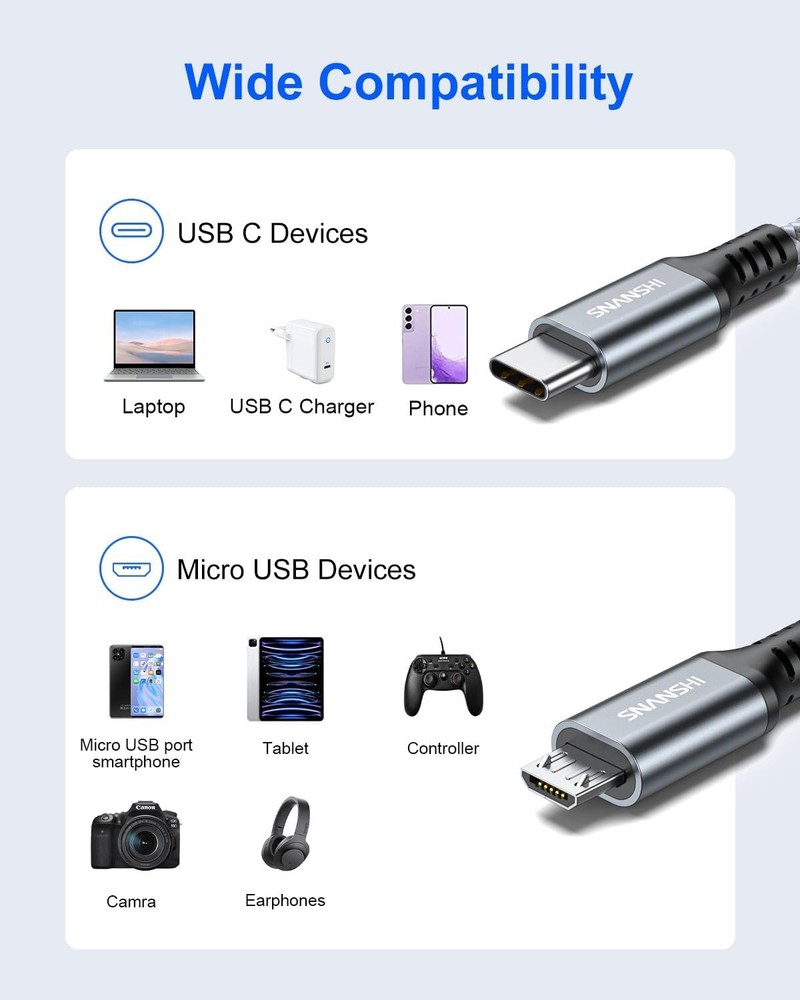 SNANSHI USB C to Micro Cable 4ft, PS4 Controller Charger, 4FT, Black