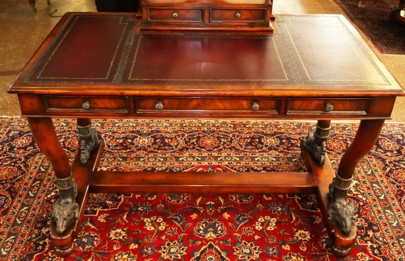 Theodore Alexander Mahogany Leather Tooled Rams Head Vanity Dressing Table